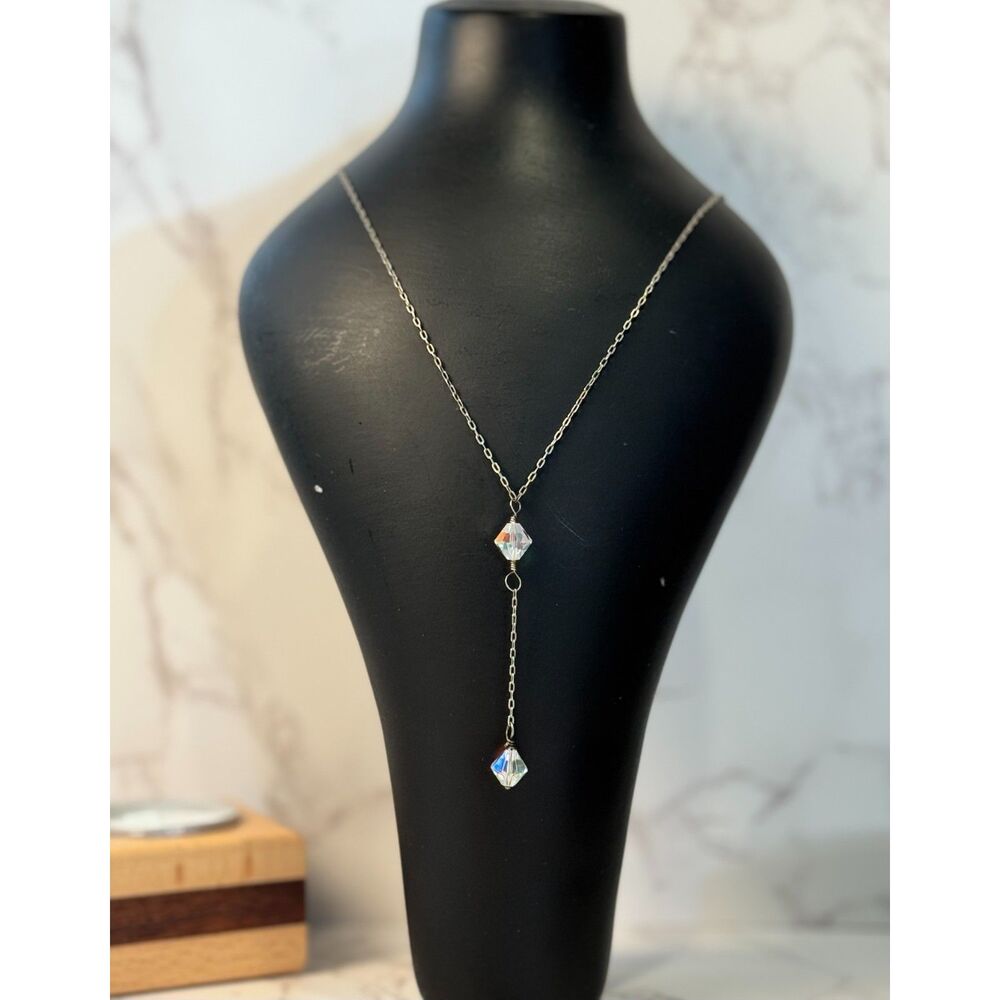Sterling Silver Y Necklace with Iridescent Glass Beads.